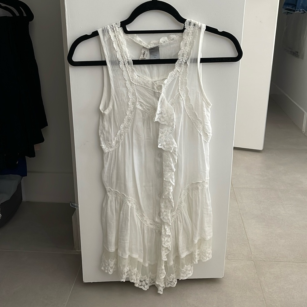 Women size small white boho button down long shirt with lace trims Y2K sheer